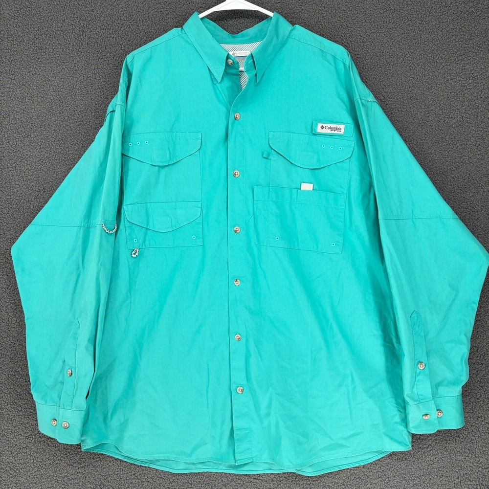 Columbia PFG Bahama II Fishing Shirt Mens Large Teal Green Long Sleeve Cotton
